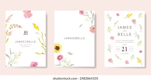 Elegant wedding invitation card background vector. Minimal hand painted watercolor botanical flowers texture template background. Design illustration for wedding, vip cover, poster, rsvp modern card.