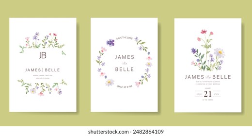 Elegante Vector de fondo de tarjeta de invitación de boda. Fondo de Plantilla de textura de flores botánicas de acuarela pintada a mano mínima. Ilustración de diseño para la boda, cubierta vip, póster, tarjeta moderna rsvp.