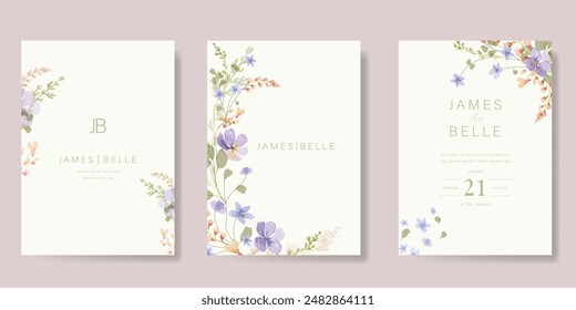 Elegant wedding invitation card background vector. Minimal hand painted watercolor botanical flowers texture template background. Design illustration for wedding, vip cover, poster, rsvp modern card.