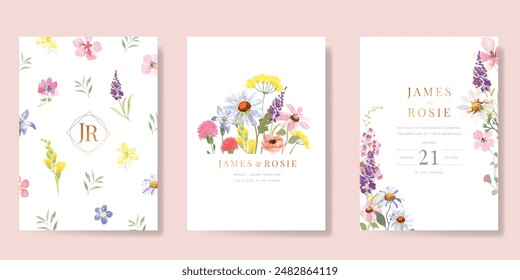 Elegante Vector de fondo de tarjeta de invitación de boda. Fondo de Plantilla de textura de flores botánicas de acuarela pintada a mano mínima. Ilustración de diseño para la boda, cubierta vip, póster, tarjeta moderna rsvp.