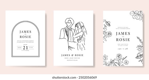 Elegant wedding invitation card background vector. Minimal hand drawn bride, groom and flower in black line art. Design for wedding, vip cover template, rsvp modern card, poster.