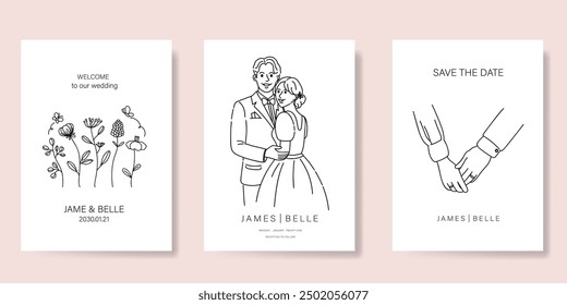 Elegant wedding invitation card background vector. Minimal hand drawn bride, groom and flower in black line art. Design for wedding, vip cover template, rsvp modern card, poster.