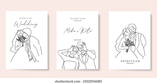 Elegant wedding invitation card background vector. Minimal hand drawn bride and groom in black line art. Design for wedding, vip cover template, rsvp modern card, poster.