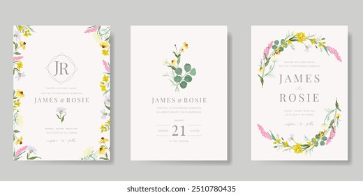 Elegant wedding invitation card background vector. Minimal hand painted watercolor botanical flowers texture template background. Design illustration for wedding, vip cover, poster, rsvp modern card.