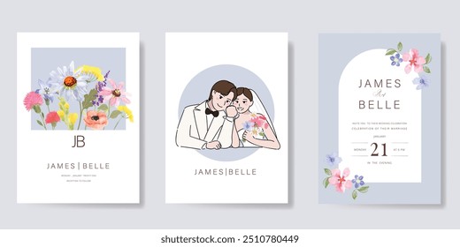 Elegant wedding invitation card background vector. Minimal hand drawn bride and groom in watercolor botanical flowers texture. Design for wedding, vip cover template, rsvp modern card, poster.