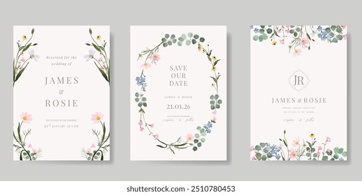Elegant wedding invitation card background vector. Minimal hand painted watercolor botanical flowers texture template background. Design illustration for wedding, vip cover, poster, rsvp modern card.