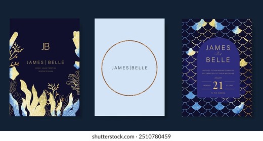 Vetor de fundo de cartão de convite de casamento elegante. Mínimo oceano mão, escamas sereia no fundo azul. Design ilustração para casamento, capa vip, cartaz, cartão moderno rsvp.