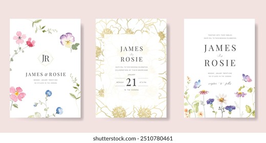 Vetor de fundo de cartão de convite de casamento elegante. Mínimo pintado à mão aquarela botanical flores textura modelo fundo. Design ilustração para casamento, capa vip, cartaz, cartão moderno rsvp.