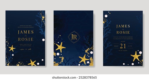 Elegant wedding invitation card background vector. Minimal hand ocean, coral, starfish on navy blue background. Design illustration for wedding, vip cover, poster, rsvp modern card.
