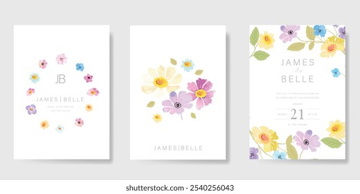 Elegant wedding invitation card background vector. Minimal hand painted watercolor botanical flowers texture template background. Design illustration for wedding, vip cover, poster, rsvp modern card.