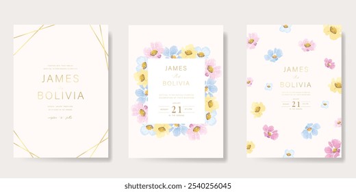 Elegante Vector de fondo de tarjeta de invitación de boda. Fondo de Plantilla de textura de flores botánicas de acuarela pintada a mano mínima. Ilustración de diseño para boda, cubierta vip, cartel, tarjeta moderna rsvp.