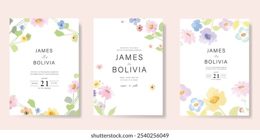 Elegant wedding invitation card background vector. Minimal hand painted watercolor botanical flowers texture template background. Design illustration for wedding, vip cover, poster, rsvp modern card.