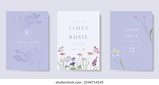 Vetor de fundo de cartão de convite de casamento elegante. Mínimo pintado à mão roxo e azul aquarela textura de flores botânicas. Design ilustração para casamento, capa vip, cartaz, cartão moderno rsvp.