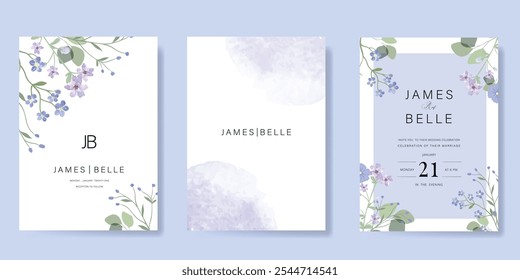 Elegant wedding invitation card background vector. Minimal hand painted purple and blue watercolor botanical flowers texture. Design illustration for wedding, vip cover, poster, rsvp modern card.