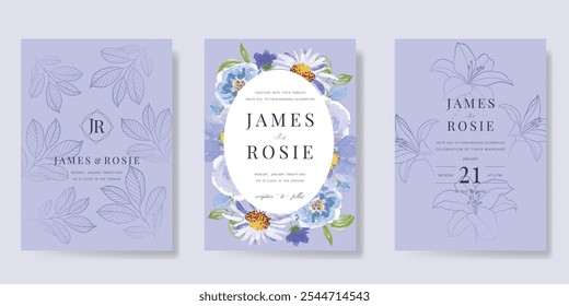 Elegant wedding invitation card background vector. Minimal hand painted purple and blue watercolor botanical flowers texture. Design illustration for wedding, vip cover, poster, rsvp modern card.