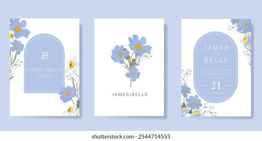Elegant wedding invitation card background vector. Minimal hand painted purple and blue watercolor botanical flowers texture. Design illustration for wedding, vip cover, poster, rsvp modern card.