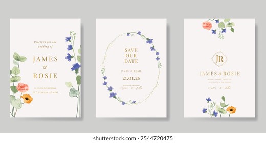 Elegant wedding invitation card background vector. Minimal hand painted purple and blue watercolor botanical flowers texture. Design illustration for wedding, vip cover, poster, rsvp modern card.