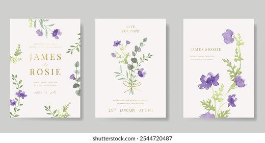 Elegante Vector de fondo de tarjeta de invitación de boda. Textura mínima de flores botánicas de acuarela púrpura y azul pintadas a mano. Ilustración de diseño para boda, cubierta vip, cartel, tarjeta moderna rsvp.