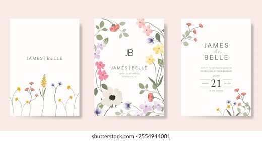 Elegant wedding invitation card background vector. Minimal hand painted watercolor botanical flowers texture template background. Design illustration for wedding, vip cover, poster, rsvp modern card.