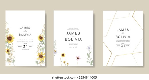 Elegant wedding invitation card background vector. Minimal hand painted watercolor botanical flowers texture template background. Design illustration for wedding, vip cover, poster, rsvp modern card.