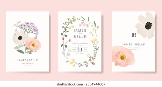 Elegant wedding invitation card background vector. Minimal hand painted watercolor botanical flowers texture template background. Design illustration for wedding, vip cover, poster, rsvp modern card.