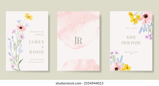 Elegant wedding invitation card background vector. Minimal hand painted watercolor botanical flowers texture template background. Design illustration for wedding, vip cover, poster, rsvp modern card.