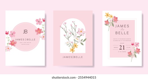 Elegant wedding invitation card background vector. Minimal hand painted watercolor botanical flowers texture template background. Design illustration for wedding, vip cover, poster, rsvp modern card.