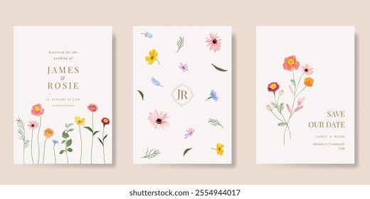 Elegant wedding invitation card background vector. Minimal hand painted watercolor botanical flowers texture template background. Design illustration for wedding, vip cover, poster, rsvp modern card.