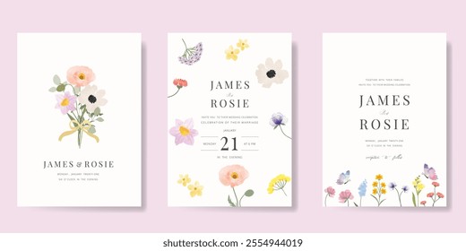 Elegant wedding invitation card background vector. Minimal hand painted watercolor botanical flowers texture template background. Design illustration for wedding, vip cover, poster, rsvp modern card.