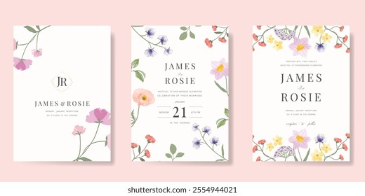 Elegant wedding invitation card background vector. Minimal hand painted watercolor botanical flowers texture template background. Design illustration for wedding, vip cover, poster, rsvp modern card.