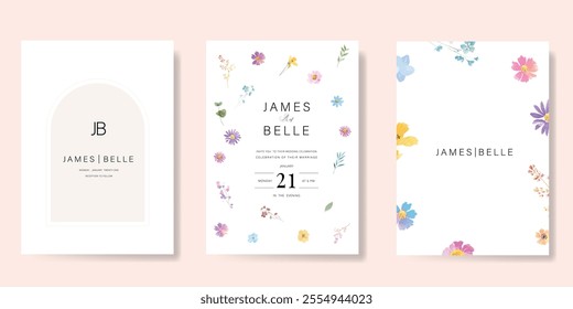 Elegant wedding invitation card background vector. Minimal hand painted watercolor botanical flowers texture template background. Design illustration for wedding, vip cover, poster, rsvp modern card.