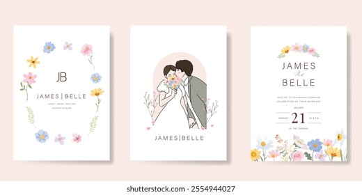 Elegant wedding invitation card background vector. Minimal hand drawn bride and groom in watercolor botanical flowers texture. Design for wedding, vip cover template, rsvp modern card, poster.