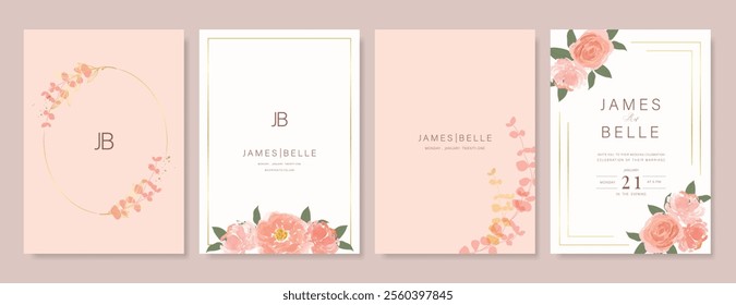 Elegant wedding invitation card background vector. Minimal hand painted pink and peach watercolor botanical flowers texture. Design illustration for wedding, vip cover, poster, rsvp modern card.