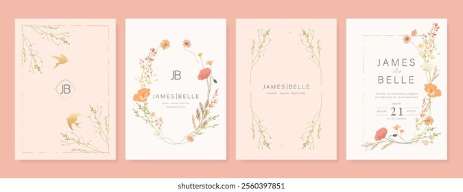 Elegant wedding invitation card background vector. Minimal hand painted pink and peach watercolor botanical flowers texture. Design illustration for wedding, vip cover, poster, rsvp modern card.