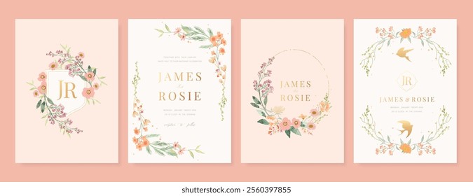 Elegant wedding invitation card background vector. Minimal hand painted pink and peach watercolor botanical flowers texture. Design illustration for wedding, vip cover, poster, rsvp modern card.