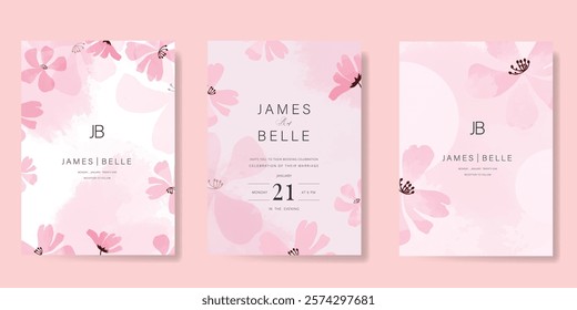 Elegant wedding invitation card background vector. Minimal hand painted pink watercolor botanical flowers texture. Design illustration for wedding, vip cover, poster, rsvp modern card.