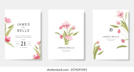 Elegant wedding invitation card background vector. Minimal hand painted watercolor botanical flowers texture template background. Design illustration for wedding, vip cover, poster, rsvp modern card.