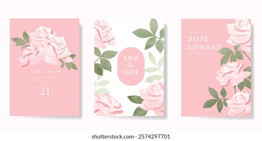 Elegant wedding invitation card background vector. Minimal hand painted pink and peach watercolor rose flowers texture. Design illustration for wedding, vip cover, poster, rsvp modern card.