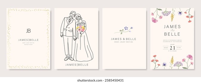 Elegant wedding invitation card background vector. Minimal hand drawn bride and groom in watercolor botanical flowers texture. Design for wedding, vip cover template, rsvp modern card, poster.