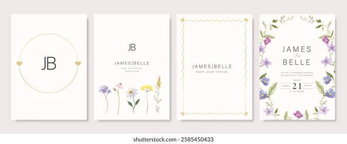 Elegant wedding invitation card background vector. Minimal hand painted watercolor botanical flowers texture template background. Design illustration for wedding, vip cover, poster, rsvp modern card.