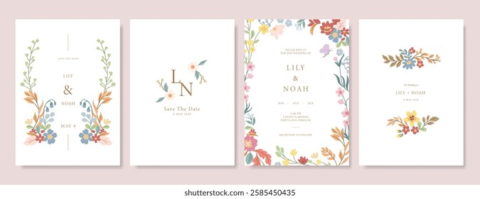 Elegant wedding invitation card background vector. Minimal hand draw botanical flowers and butterfly template background. Design illustration for wedding, vip cover, poster, rsvp modern card.