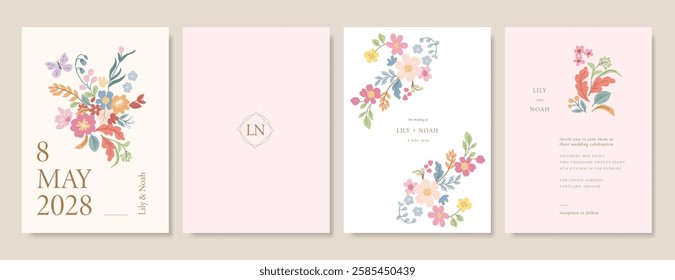 Elegant wedding invitation card background vector. Minimal hand draw botanical flowers and butterfly template background. Design illustration for wedding, vip cover, poster, rsvp modern card.