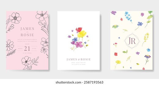 Elegant wedding invitation card background vector. Minimal hand painted watercolor botanical flowers texture template background. Design illustration for wedding, vip cover, poster, rsvp modern card.