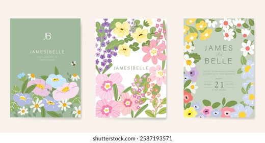 Elegant wedding invitation card background vector. Minimal hand painted watercolor botanical flowers texture template background. Design illustration for wedding, vip cover, poster, rsvp modern card.