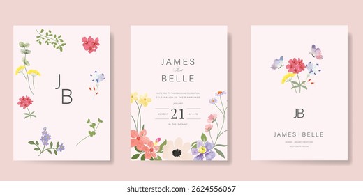 Elegant wedding invitation card background vector. Minimal hand painted watercolor botanical flowers texture template background. Design illustration for wedding, vip cover, poster, rsvp modern card.