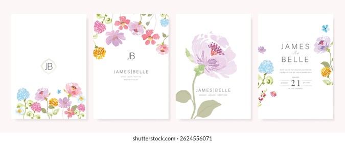 Elegant wedding invitation card background vector. Minimal hand painted watercolor botanical flowers texture template background. Design illustration for wedding, vip cover, poster, rsvp modern card.