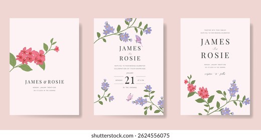 Elegant wedding invitation card background vector. Minimal hand painted watercolor botanical flowers texture template background. Design illustration for wedding, vip cover, poster, rsvp modern card.