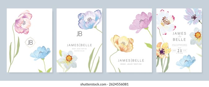 Elegant wedding invitation card background vector. Minimal hand painted watercolor botanical flowers texture template background. Design illustration for wedding, vip cover, poster, rsvp modern card.