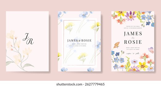 Elegant wedding invitation card background vector. Minimal hand painted watercolor botanical flowers texture template background. Design illustration for wedding, vip cover, poster, rsvp modern card.