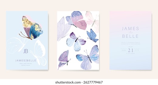 Elegant wedding invitation card background vector. Minimal hand painted watercolor butterfly texture template background. Design illustration for wedding, vip cover, poster, rsvp modern card.